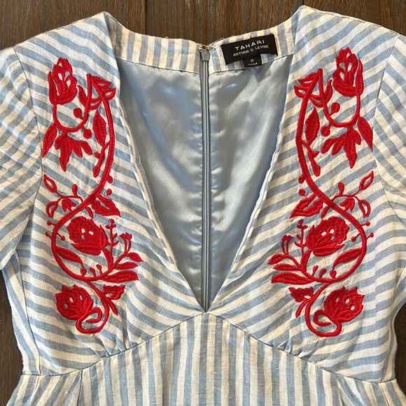 Tahari ASL Shia Sunshine State Linen Stripe Costal Floral Embroidered Dress - Picture 2 of 3